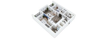 A 3D floor plan of a house with multiple rooms and furniture.